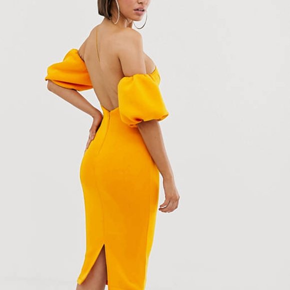 NWT ASOS Design Puff Sleeve Asymmetric midi dress, Size 4, Orange - Picture 2 of 7